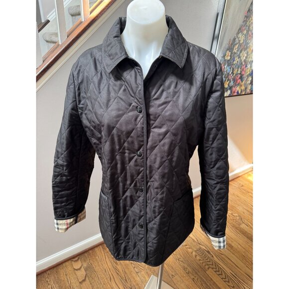 Burberry London Black Diamond Quilt Snap Front Jacket Check Lining Classic Small - Picture 1 of 5